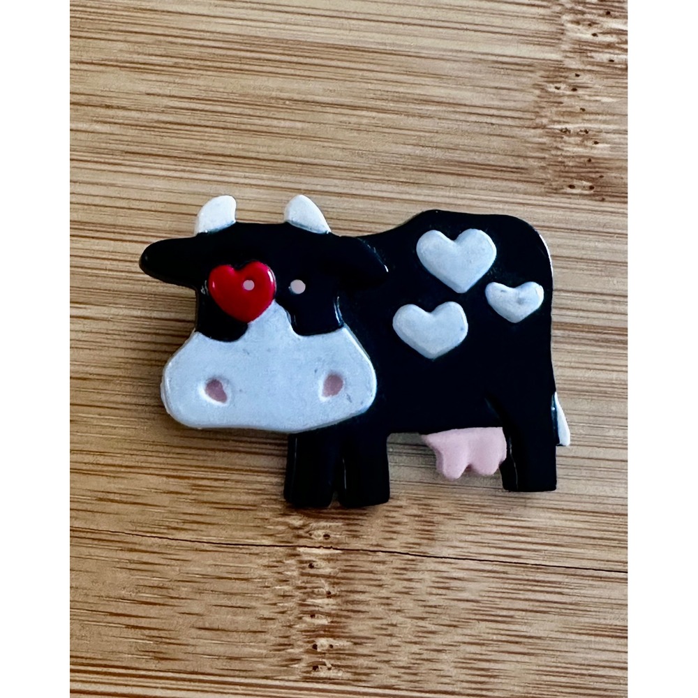 Vintage Hallmark Cow Brooch Heart Eye Black White Resin Lapel Pin Accessory